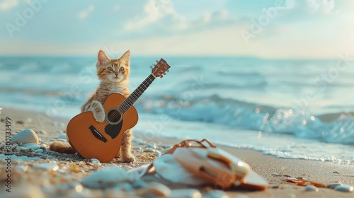 The cat with a guitar is on a deserted beach. The sea waves look like piano keys.