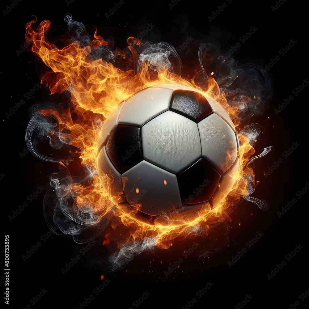 Fototapeta premium Soccer ball flying on fire isolated on a black background