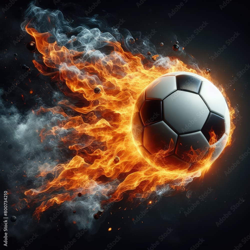 Fototapeta premium Soccer ball flying on fire isolated on a black background