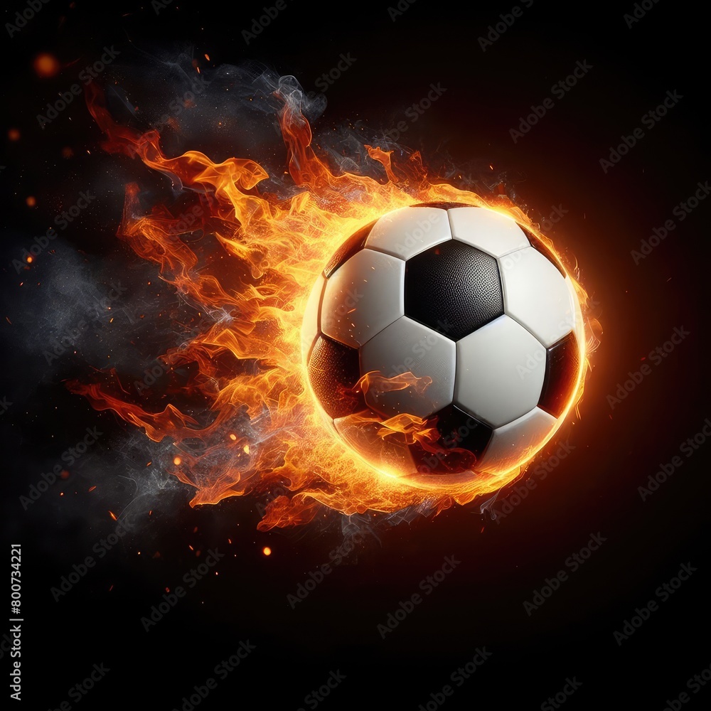 Fototapeta premium Soccer ball flying on fire isolated on a black background