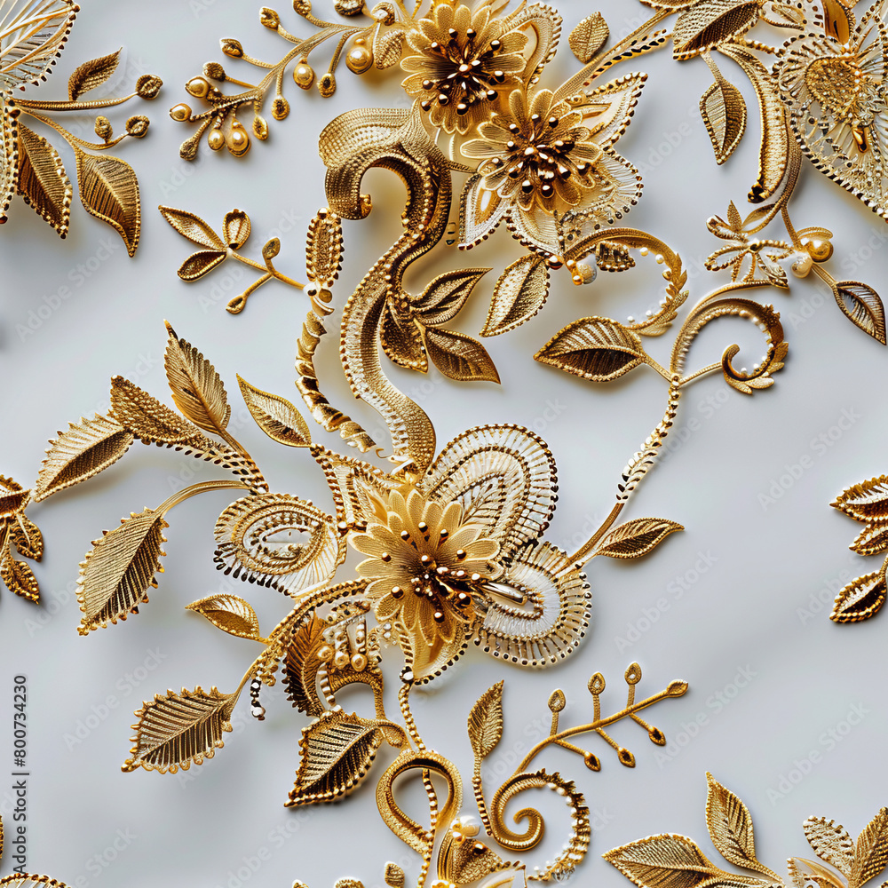 Seamless pattern of golden floral embroidery on white fabric Seamless pattern of golden floral embroidery on white fabric