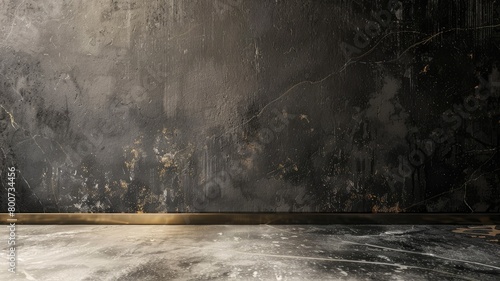 Textured dark wall with gold veins and glossy marble floor in luxurious interior space