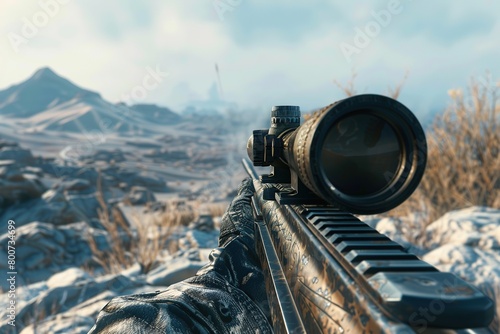 First person shooter gameplay, online FPS video game, sniper mission photo