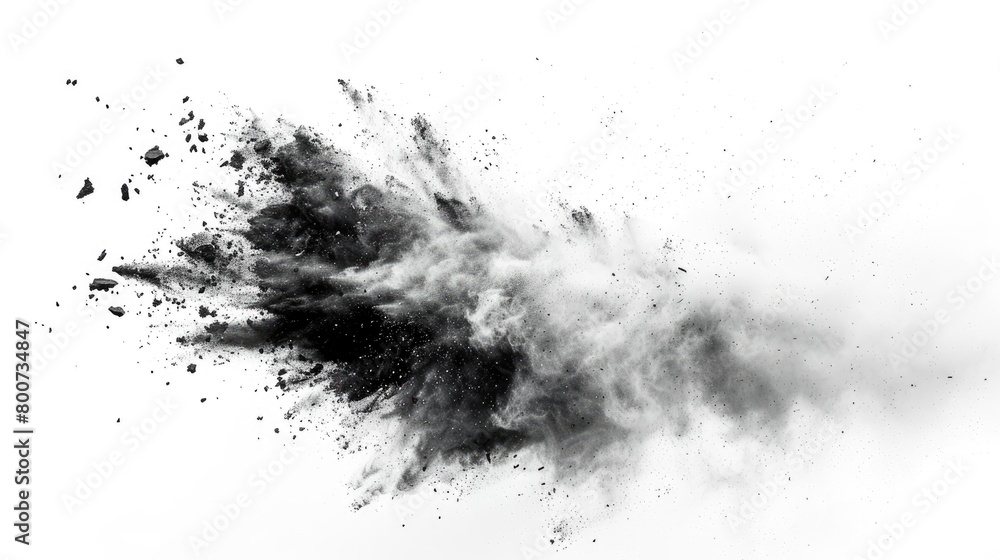 Black chalk pieces and dust spread out, giving an explosion effect, isolated against white. Black chalk pieces and dust spread out, giving an explosion effect, isolated against white.