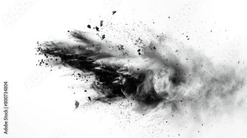 Black chalk pieces and dust fly, producing an exploding effect, isolated against white.