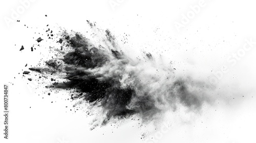 Black chalk pieces and dust spread out, giving an explosion effect, isolated against white.