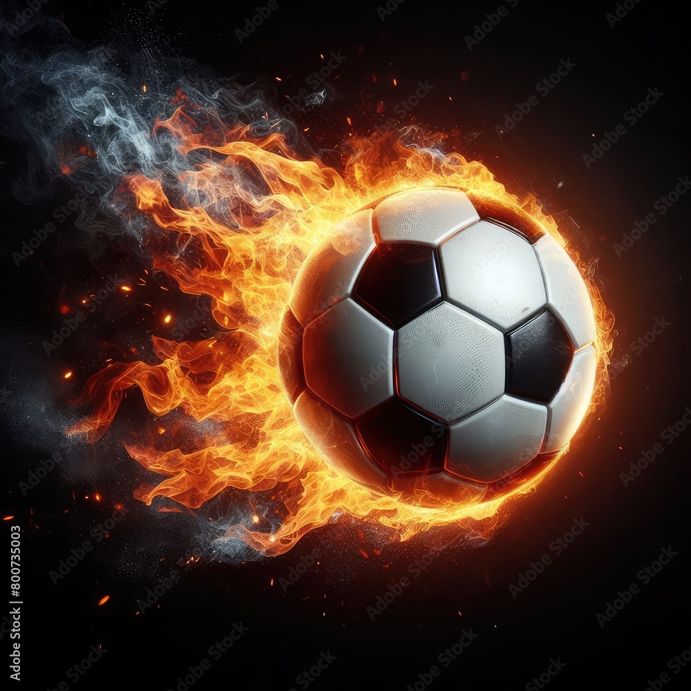 Fototapeta premium Soccer ball flying on fire isolated on a black background