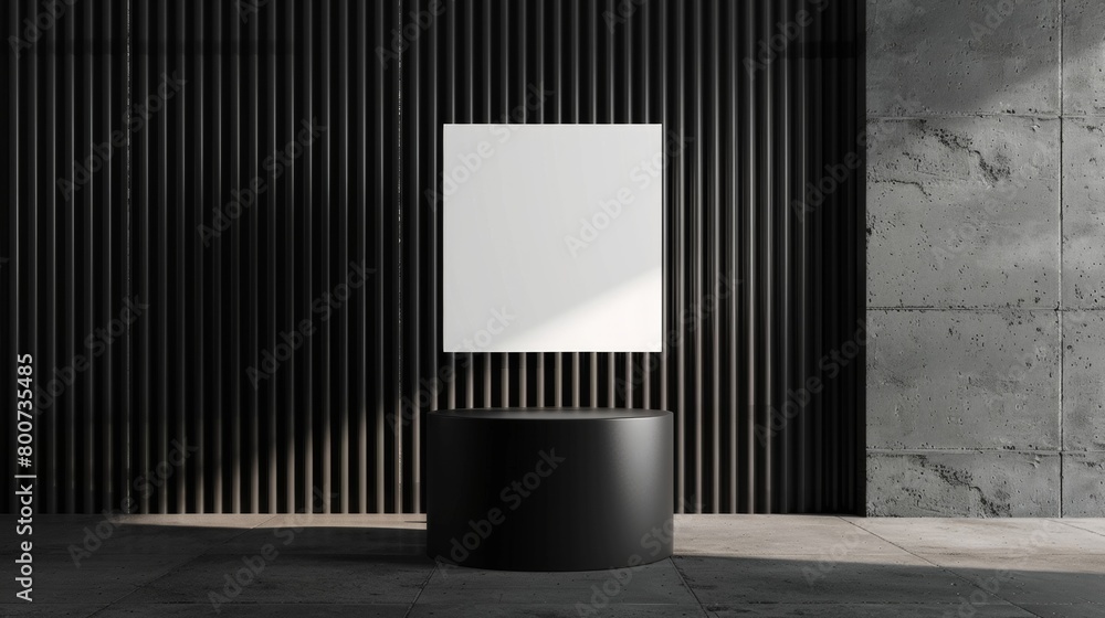 Minimalistic blank mockup of zoo exhibit signage p on a sleek black pedestal. . Minimalistic blank mockup of zoo exhibit signage p on a sleek black pedestal. .