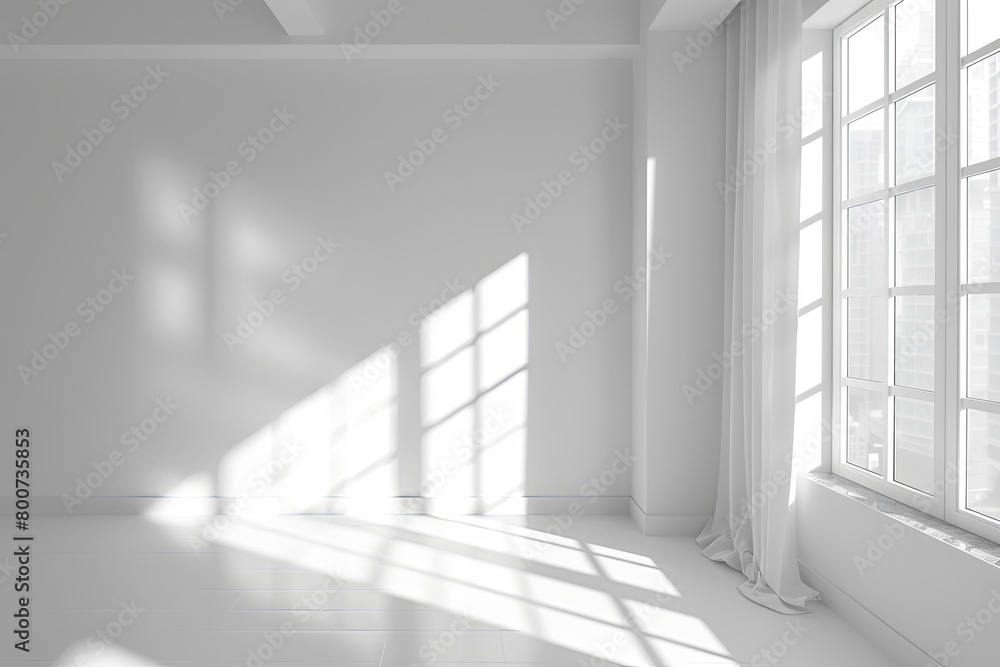 Minimalist White Room: Soft Monochromatic Light in Cozy Apartment with Window Shades Minimalist White Room: Soft Monochromatic Light in Cozy Apartment with Window Shades