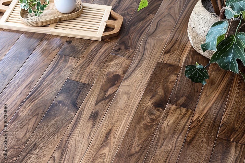 Naklejka premium Elegant Walnut Wood Flooring with Detailed Grain - Textured Wood and Ceramic Sophistication