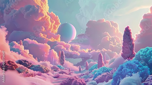 Surreal pink cloud landscape with dense forest - A dreamlike vista featuring fluffy pink clouds and a dense, snow-covered forest under a mystical sky