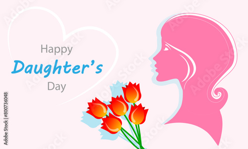 Daughters day girl happy with flowers, vector art illustration.