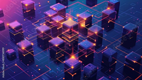 Abstract digital blocks with neon connectivity lines - A futuristic digital landscape of neon-lit cubic structures, representing connectivity and data networks