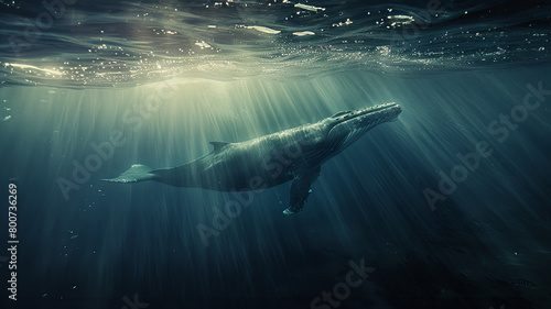 Humpback whale gently swimming - A serene humpback whale glides through the quiet depths of the ocean, symbolizing calmness