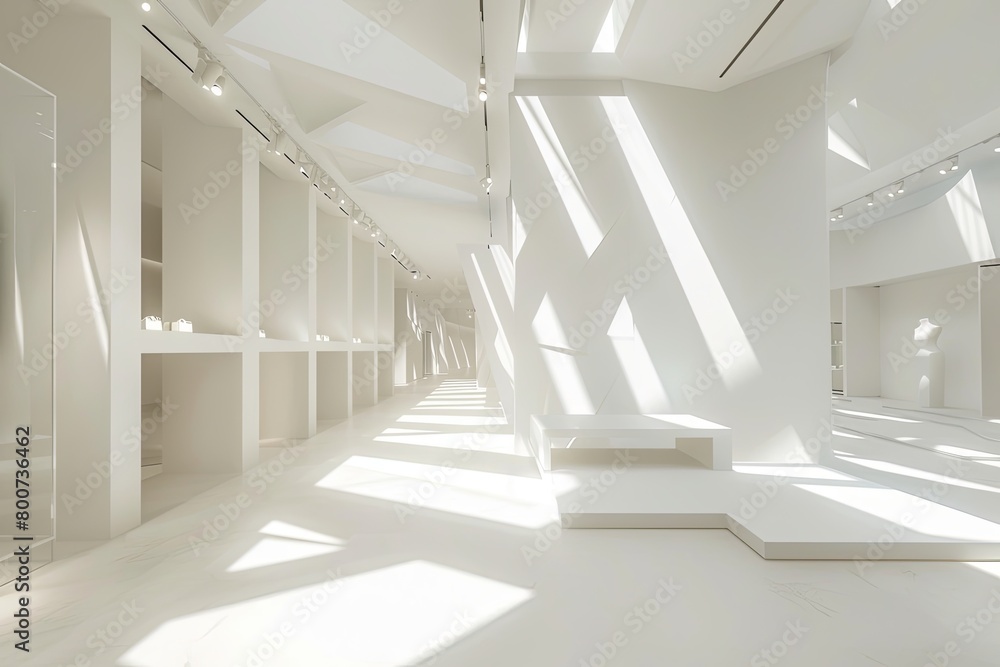 Obraz premium Geometry in White: Minimalist Luxury Fashion Store Interior with Light and Shadow_