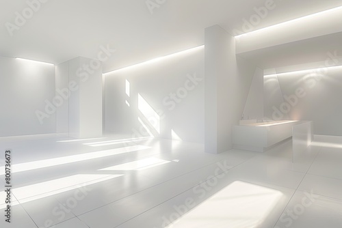 Minimalist Bright Interior: 3D Rendering Spa Retreat with Calming Light Effects