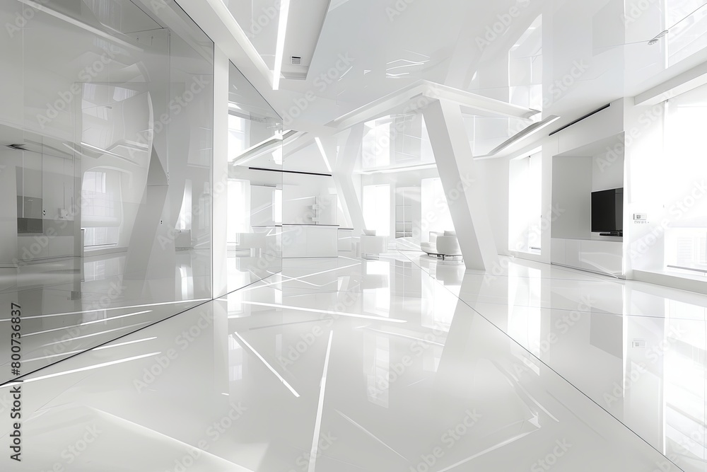 Fototapeta premium Reflective Monochromatic Interiors: White Geometric Office with Glass Floors in Modern Apartment Building