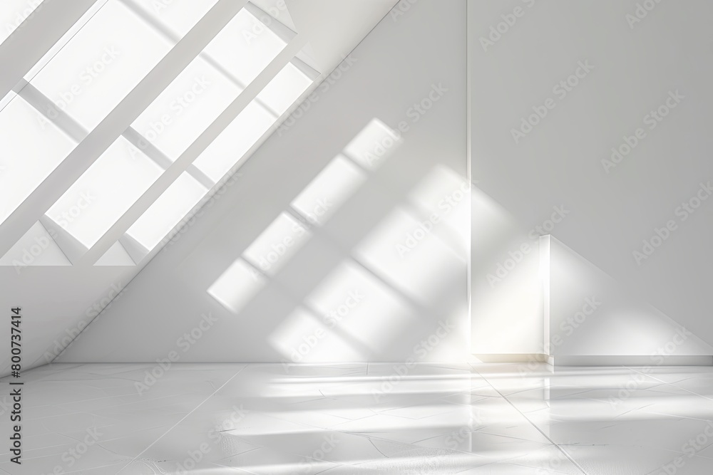 Fototapeta premium White Geometric Luxury: 3D Rendering of Minimalist Bedroom with Diagonal Morning Light