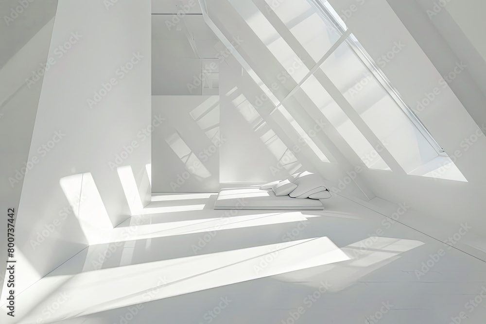 Fototapeta premium Minimalist White Room: Shadow Play & Geometric Design in a Bright Luxury Interior