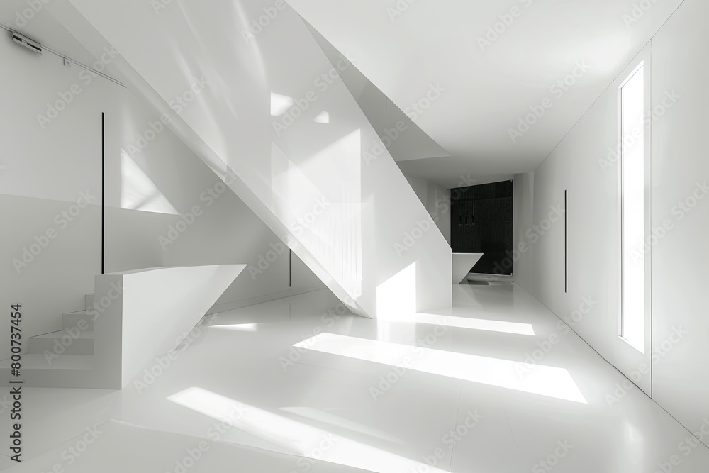 Obraz premium Monochromatic Luxury: Geometric Minimalist Bedroom in Clean White Loft