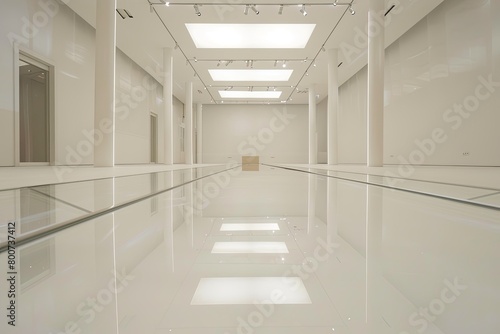 Reflective Luxury  Modern Gallery with Clean White Floors in an Abstract Exhibition Hall