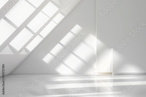 White Geometric Luxury: 3D Rendering of Minimalist Bedroom with Diagonal Morning Light