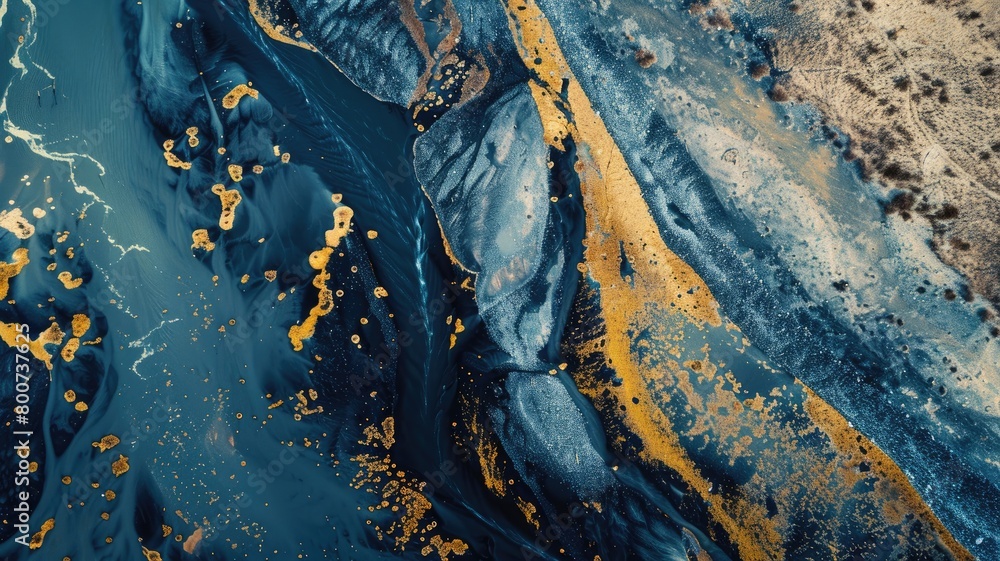 Aerial view of river with swirling blue and gold patterns resembling abstract art Aerial view of river with swirling blue and gold patterns resembling abstract art
