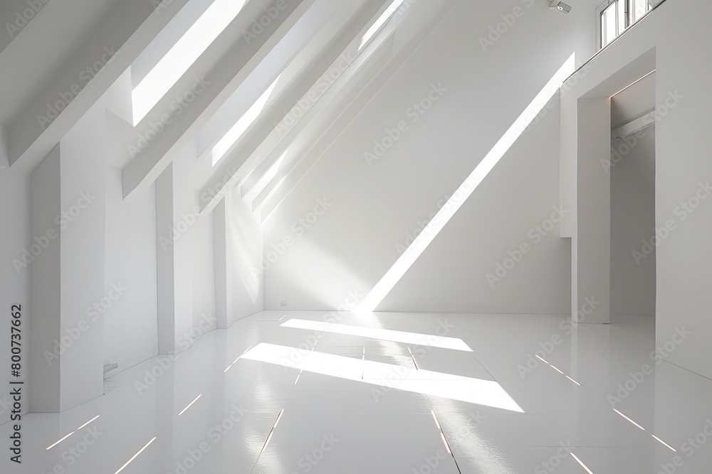 Fototapeta premium Diagonal Light Shafts in White Contemporary Workshop: Abstract Geometric Minimalist Space