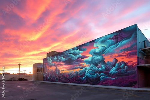 A beautiful mural of a sunset over a mountain range