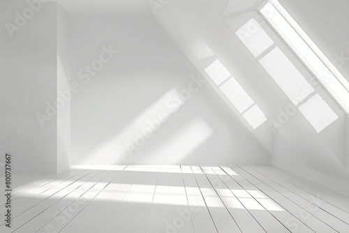 White Modern Loft Dining Room with Diagonal Sunlight   3D Rendering of Luxury Clean Interior Space