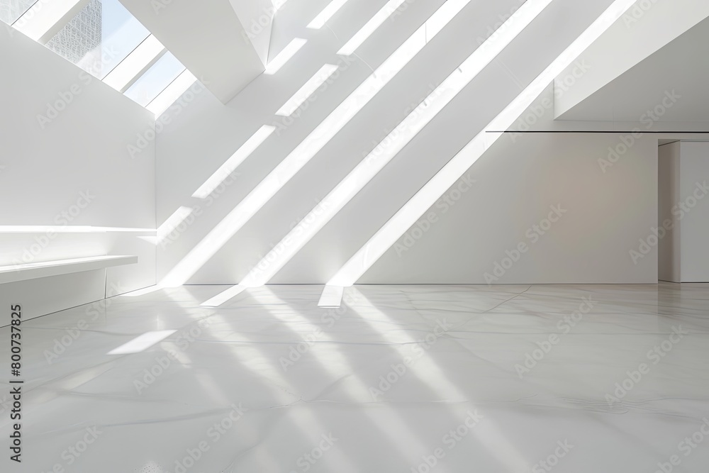 Fototapeta premium Minimalist White Space: Luxury Gallery Lounge with Diagonal Light Shafts