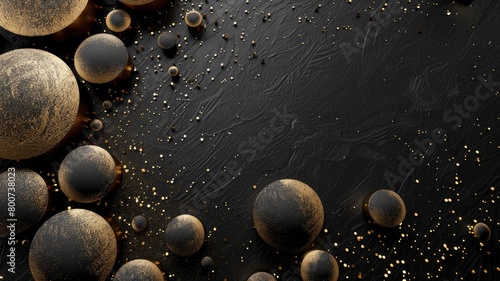 Spherical objects with gold textures on dark textured background specks