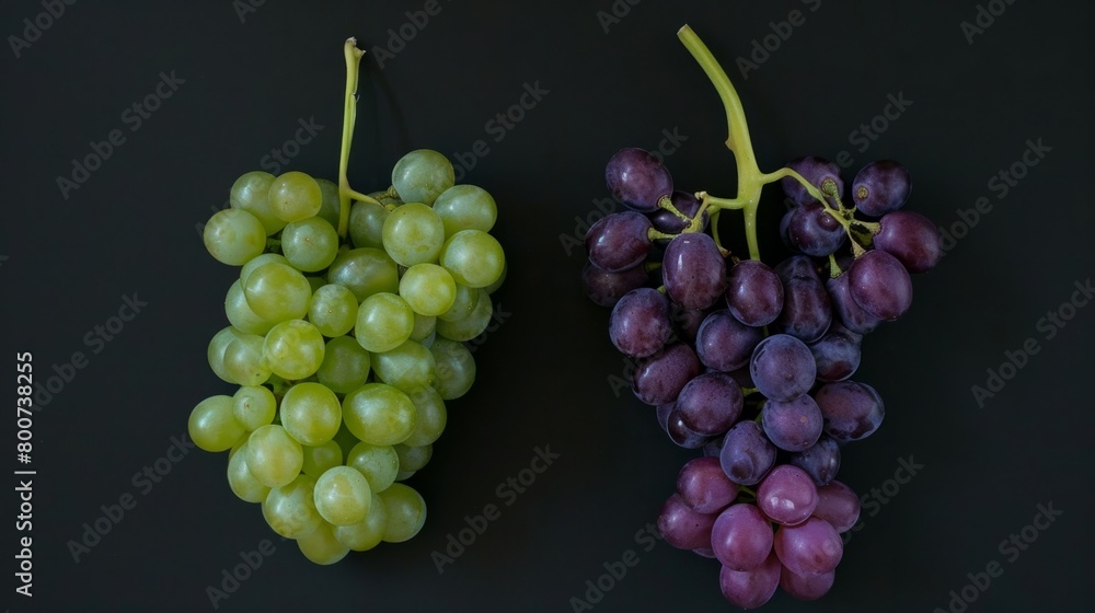 Purple and green grapes in bunches on a black background generative ai Purple and green grapes in bunches on a black background generative ai