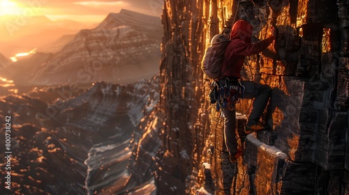 Daring Climb Conquering Vertical Challenges with Agility and Precision on Rugged Cliff Faces at Sunset