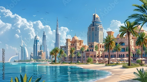 Stunning Cityscape of Dubai s Futuristic Skyline and Waterfront with Palm Trees and Beaches photo