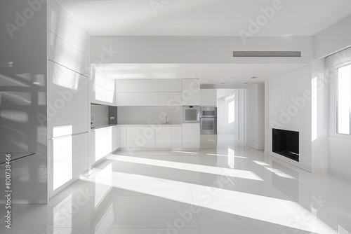 White Elegance  Minimalist Luxury Apartment with Reflective Floor and Kitchen