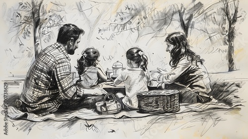 Sketched Family Enjoying Picnic in the Park A Tranquil Outdoor Gathering of Loved Ones Savoring Moments of Leisure and Togetherness