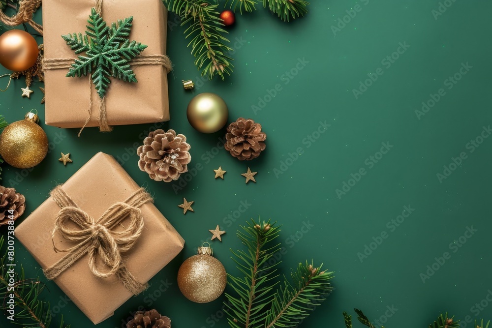 Wrapped gifts and Christmas decorations on green background Wrapped gifts and Christmas decorations on green background
