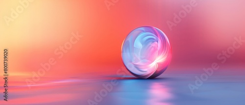 3D rendering of a glowing sphere on a reflective surface with a blurred background in pink and blue hues.