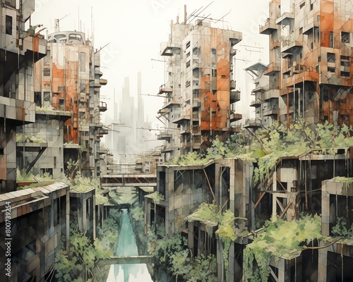 A watercolor painting of a post-apocalyptic city