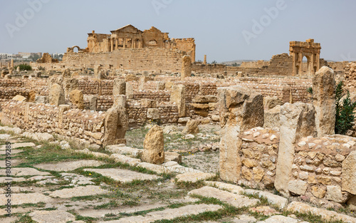 Ruins of ancient Roman settlement of Sufetula in Sbeitla, Northern Central Tunisia, with remnants of stone walls and columns from residential and administrative buildings and temples on spring day