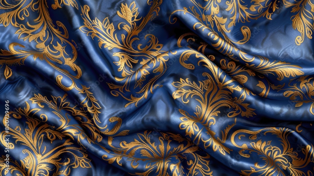 Luxurious blue fabric with ornate gold patterns Luxurious blue fabric with ornate gold patterns