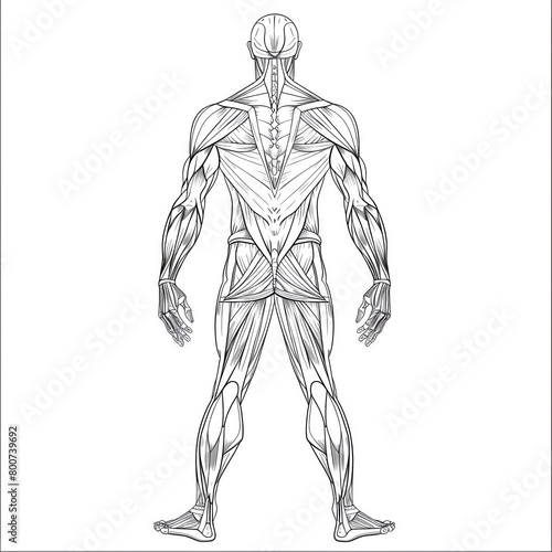 Artistic line drawing of the human muscular system, fullbody view, showcasing major muscle groups, clean background, ideal for anatomy education.