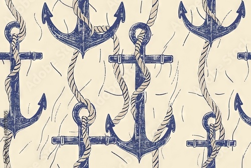 Vintage anchor pattern on beige background illustration - An illustrative vintage pattern of navy blue anchors and ropes on a textured beige background