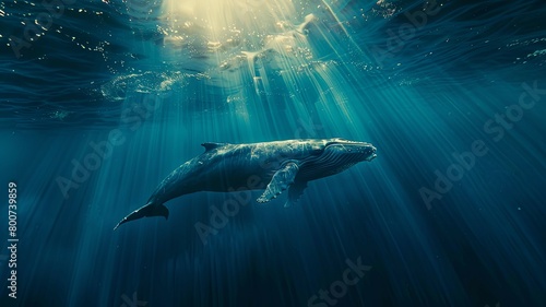 Underwater view of a whale swimming in ocean rays - Capturing the majestic beauty of a whale gliding through the sunlit waters of the ocean, this image conveys a sense of peace and grandeur photo