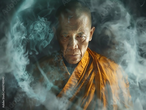 A Buddhist monk with a stern look on his face is surrounded by smoke. photo
