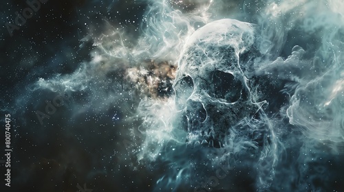 A skull made of stars and dust in the cosmos.