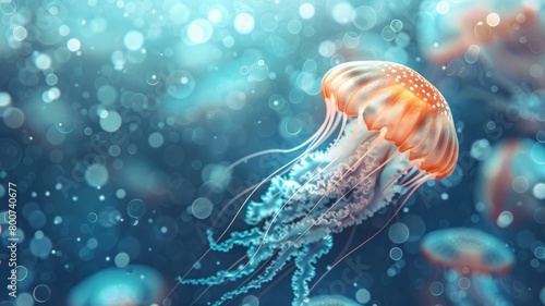 Orange jellyfish swimming underwater with bokeh light effect