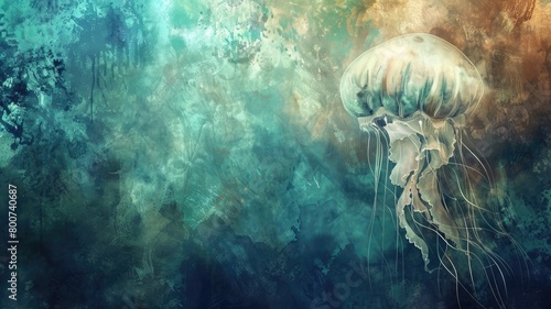 Artistic illustration of jellyfish with blue and teal abstract background