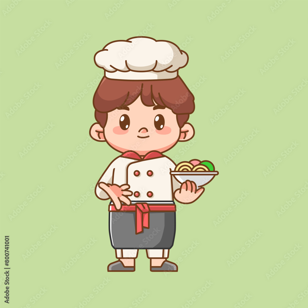 Cute chef cook serve noodles kawaii chibi character mascot illustration outline style design Cute chef cook serve noodles kawaii chibi character mascot illustration outline style design